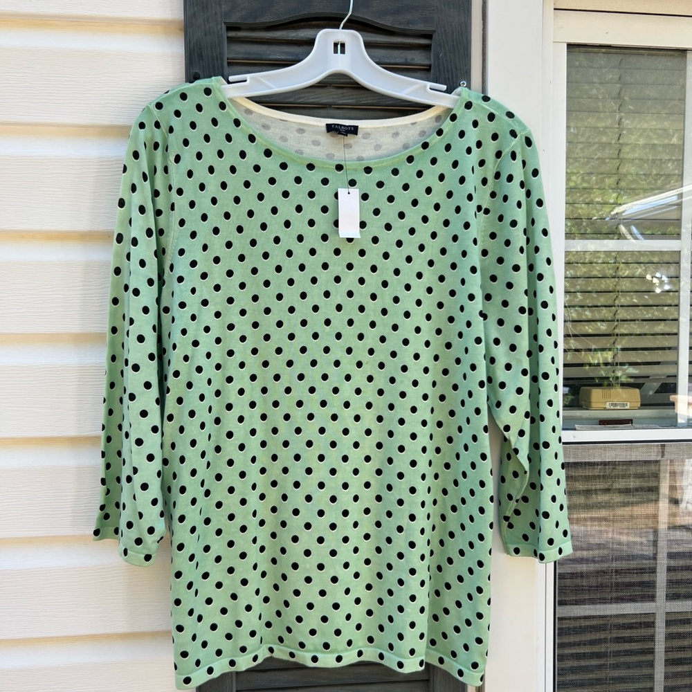 NWT Talbots Pretty Light Green Black Polka Dot 3/4 Sleeve Sweater